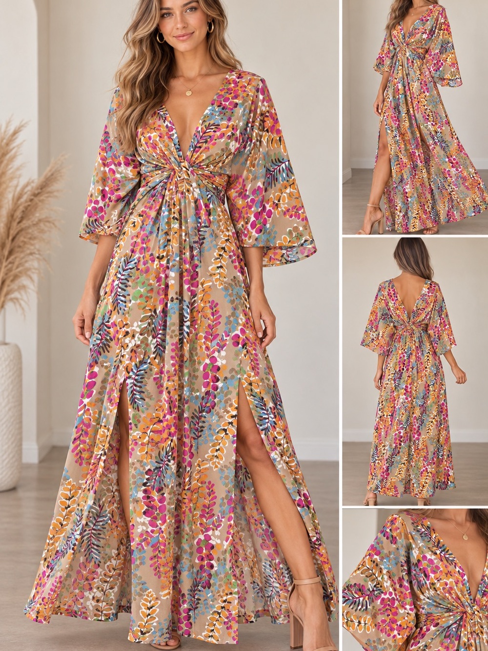 ODDI Floral Maxi Dress Size S Colorful Boho Kimono Sleeve Double Front Slit